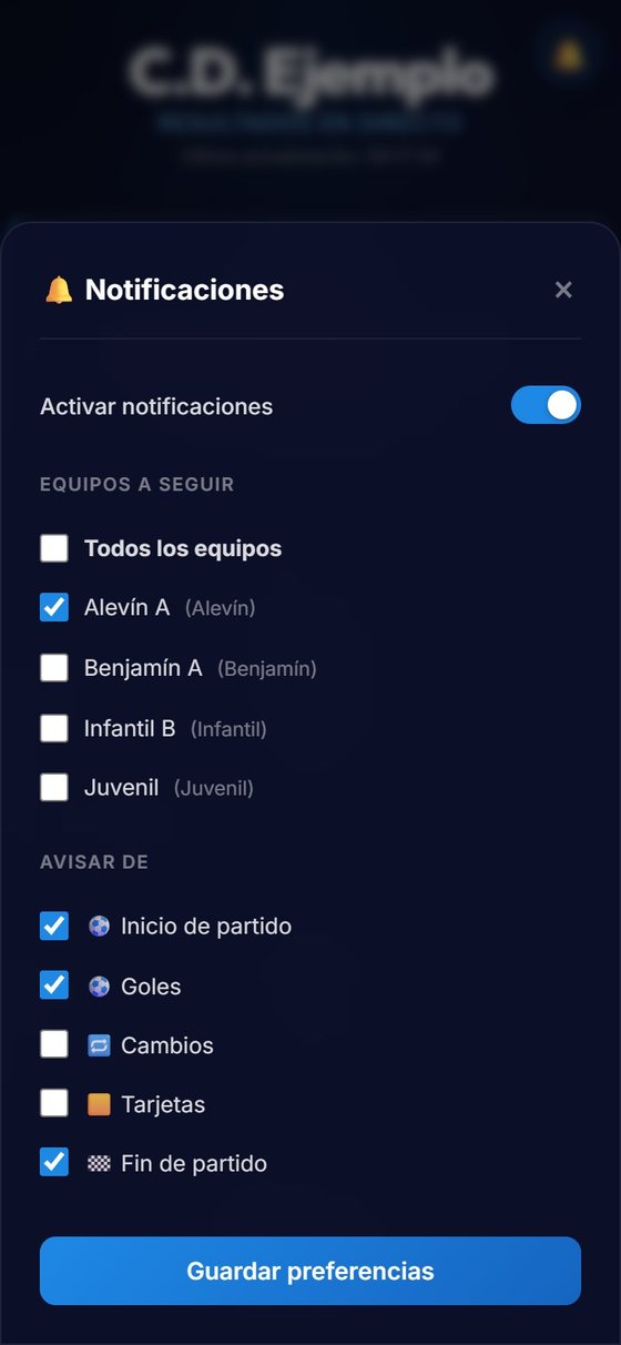 El panel de avisos del directo: equipos a seguir y de qué avisar, inicio, goles, cambios, tarjetas y fin de partido