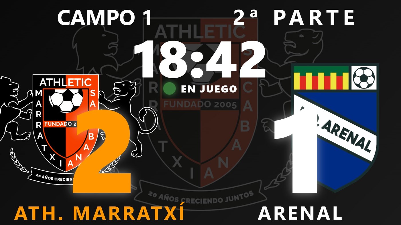 La pantalla con el partido del Campo 1: Ath. Marratxí 2, Arenal 1, 18:42 de la segunda parte