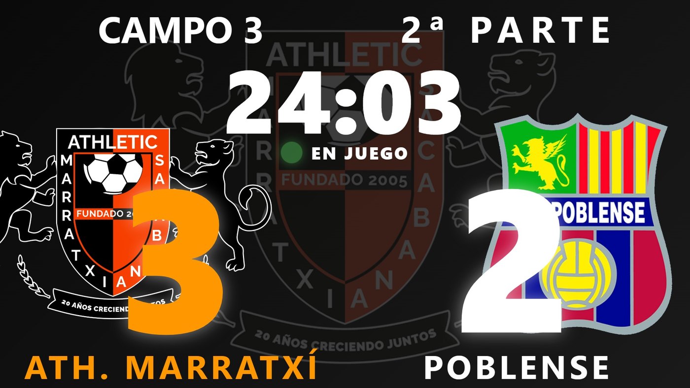 La pantalla con el partido del Campo 3: Ath. Marratxí 3, Poblense 2, 24:03 de la segunda parte