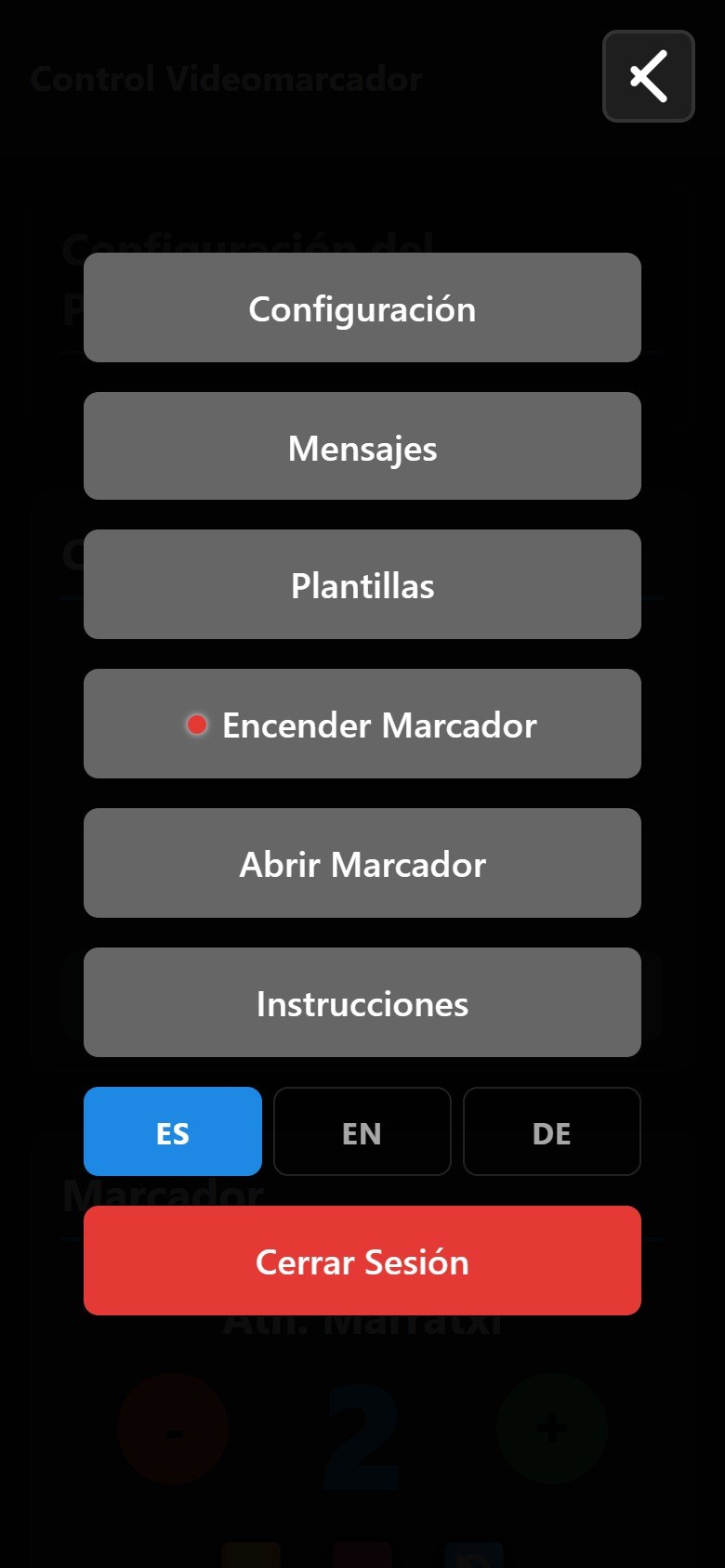 El menú del control con el selector de idioma