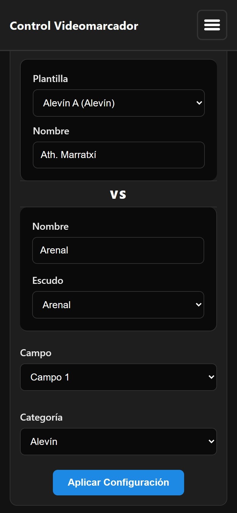 Preparar el partido: plantilla Alevín A, el rival con su escudo, el campo y la categoría