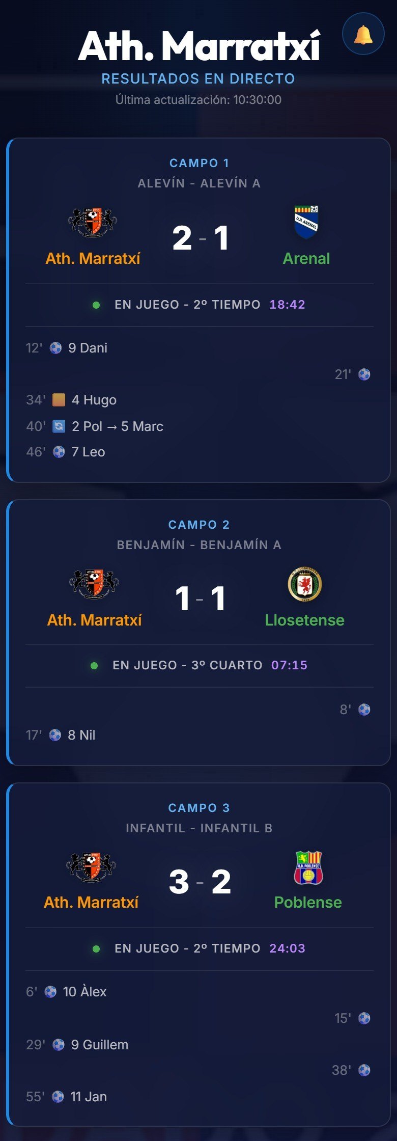 El directo en el móvil con los tres partidos en juego, cada uno en su ficha con el campo, la categoría y los goles
