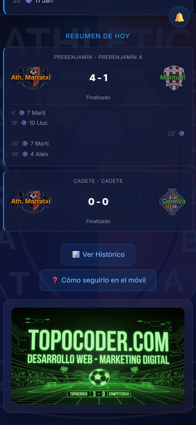 El resumen de hoy con los partidos ya terminados y sus goles, el botón del histórico y un anuncio de un patrocinador