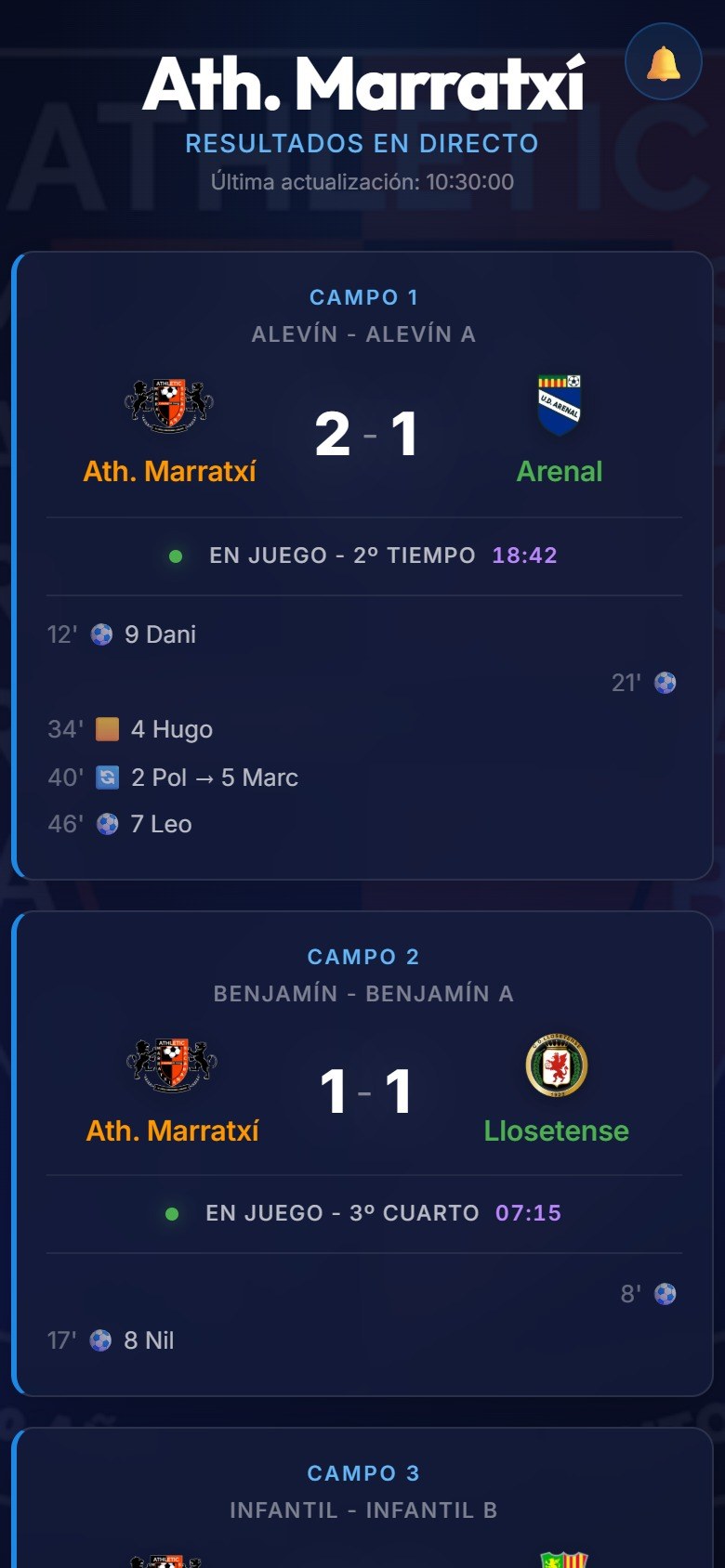 El directo con el partido del Campo 1 en juego, sus goles, la tarjeta y el cambio con su minuto