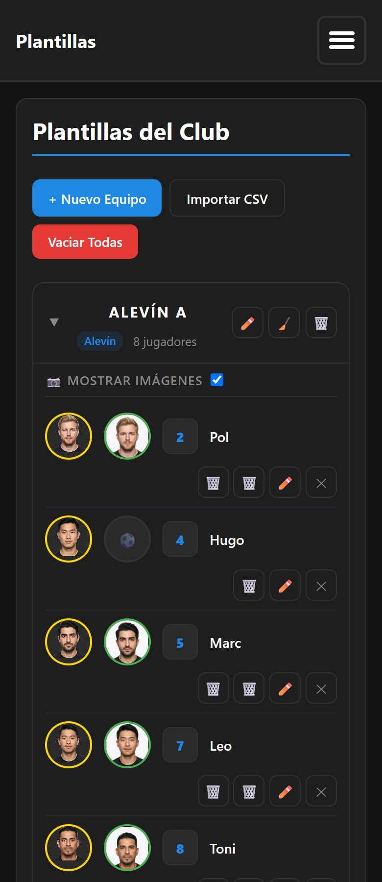 La plantilla Alevín A con cada jugador, su dorsal, su nombre y sus dos círculos de foto