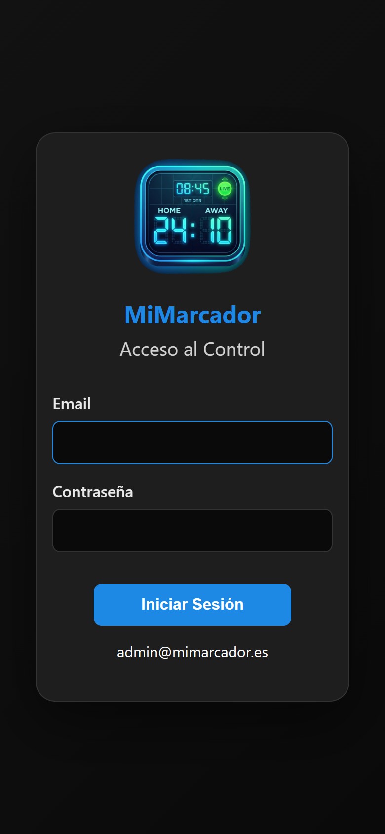 Pantalla de acceso de MiMarcador en el móvil, con los campos de email y contraseña