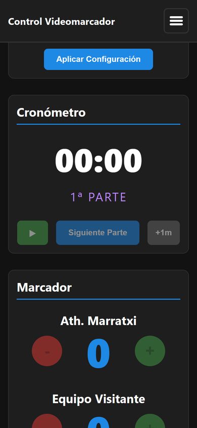 Sección del marcador con goles, tarjetas y cambio