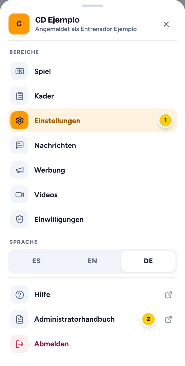 Das Menü der App mit den Bereichen, der Sprache, der Hilfe und dem Administratorhandbuch
