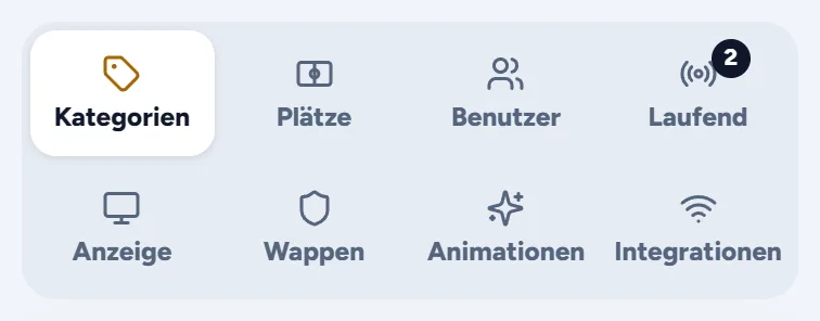 Die Reiter der Einstellungen am Handy, in einem Raster mit zwei Zeilen