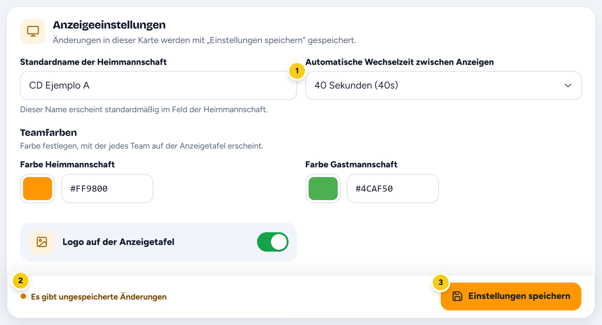Die Karte der Anzeige mit dem Hinweis Es gibt ungespeicherte Änderungen neben der Speichern-Schaltfläche