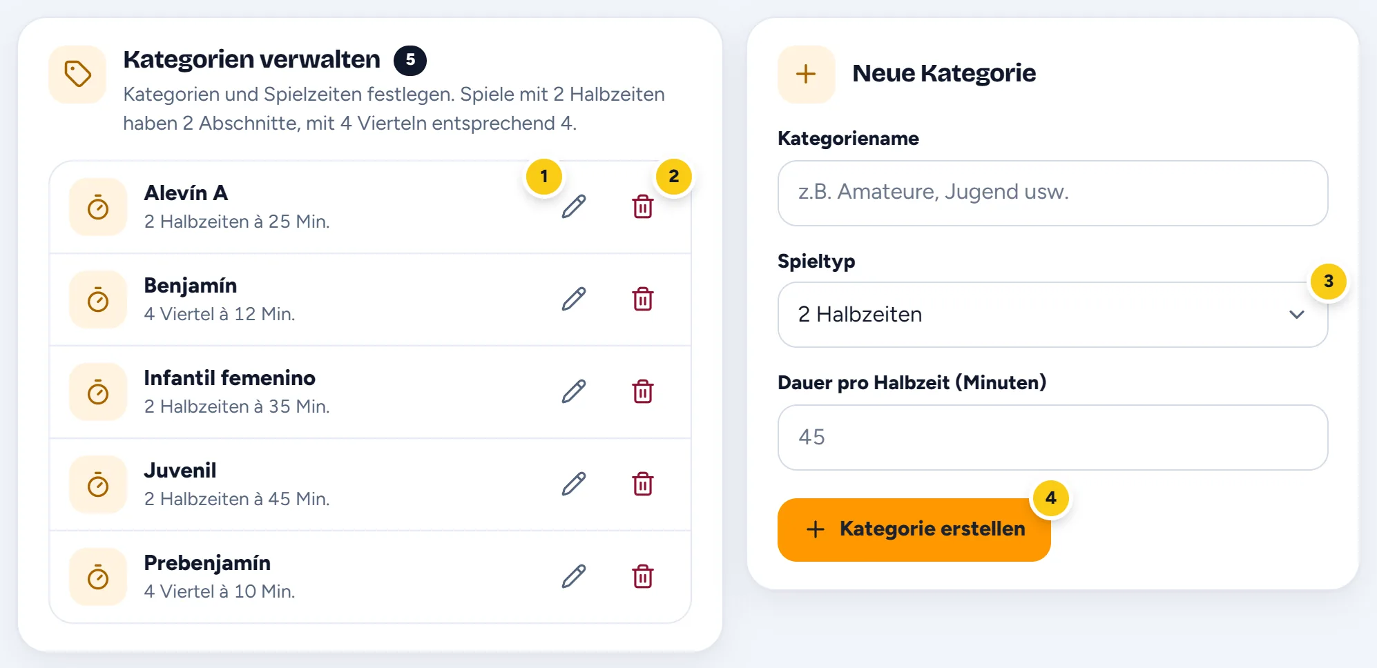 Der Reiter Kategorien: die Liste der Kategorien und das Formular Neue Kategorie