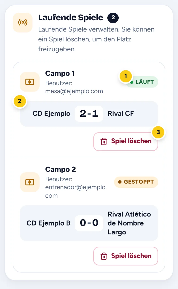 Zwei laufende Spiele, eines läuft und eines ist gestoppt, jedes mit der Schaltfläche Spiel löschen