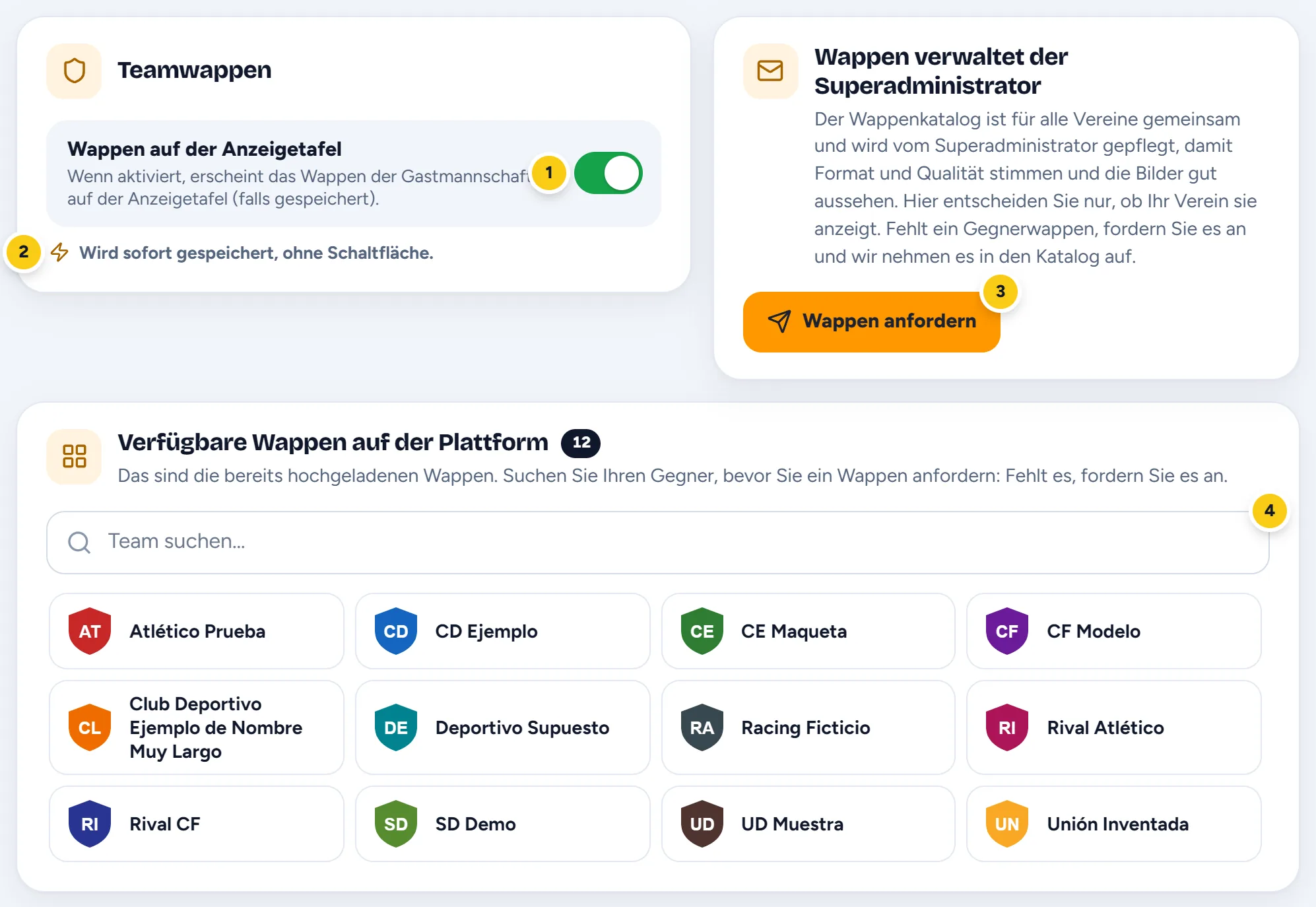 Der Reiter Wappen: der Schalter, die Schaltfläche Wappen anfordern und der Katalog mit Suchfeld