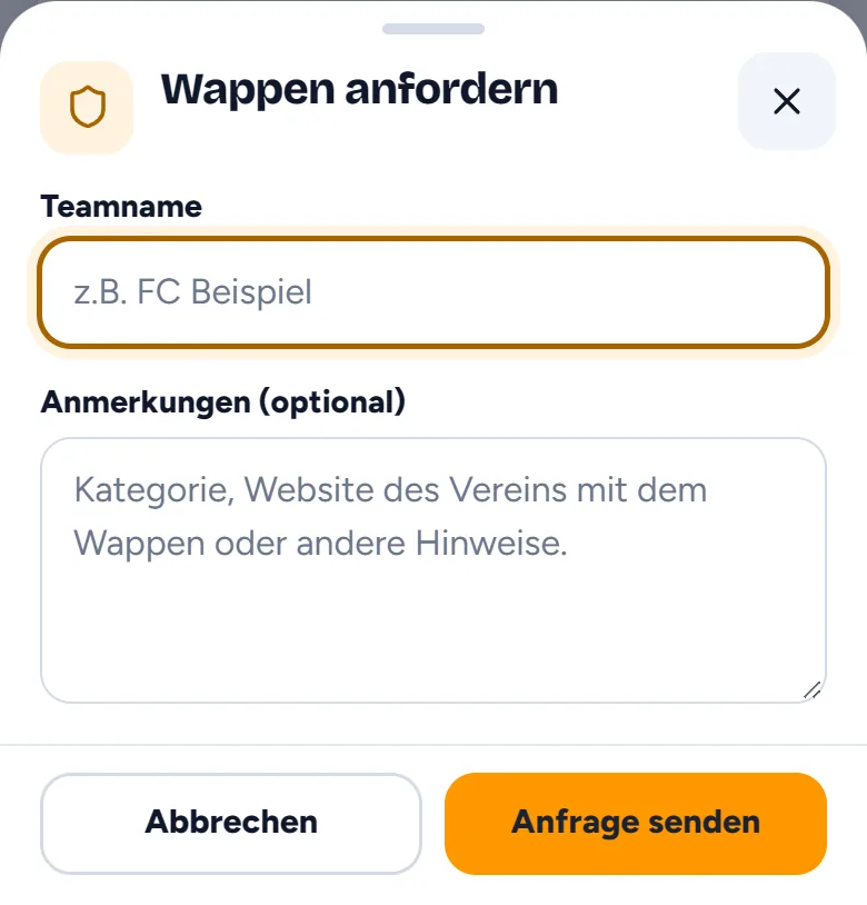 Das Fenster Wappen anfordern, mit Teamname und Anmerkungen
