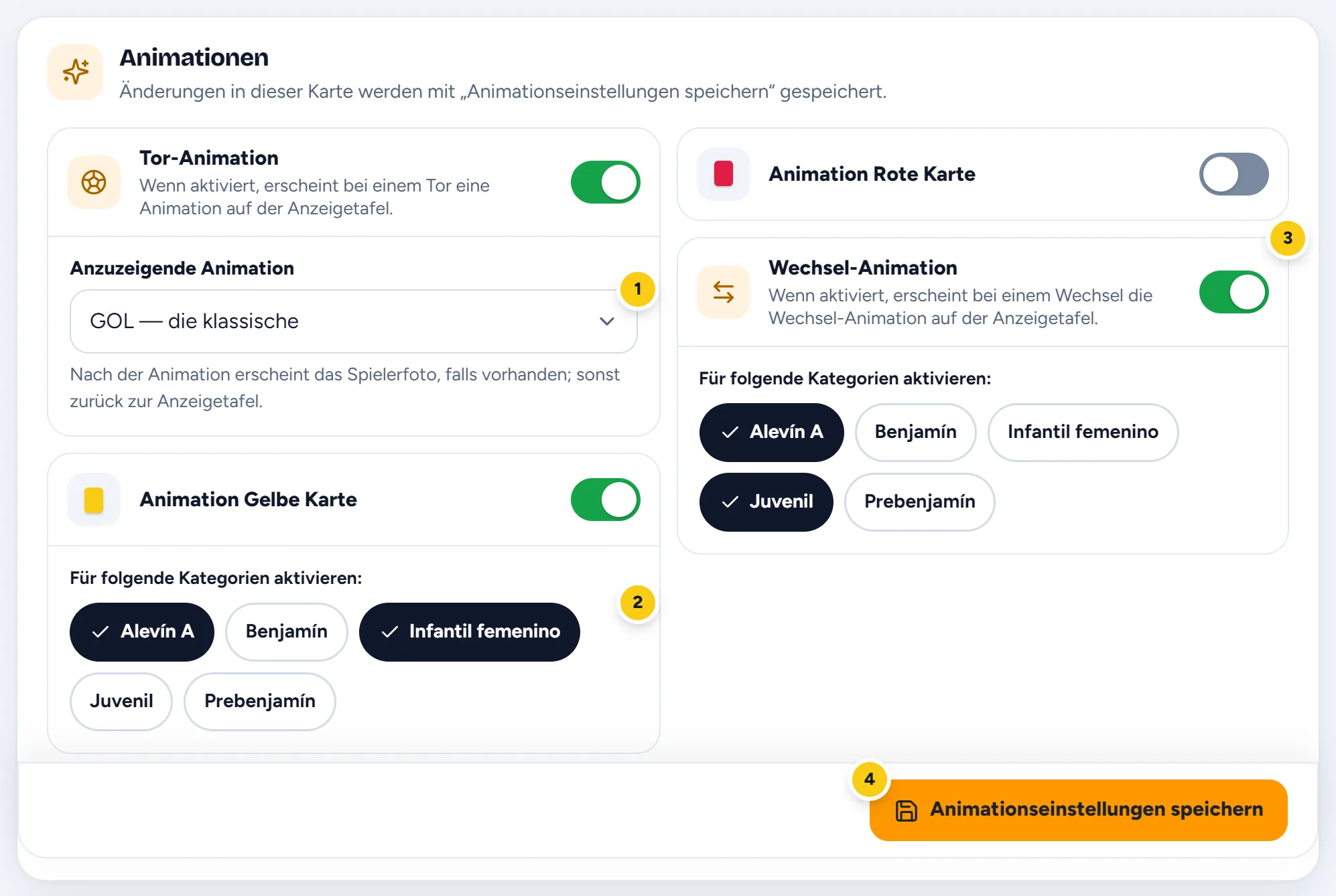 Die Karte der Animationen: Tor, Karten und Wechsel, mit den markierten Kategorien