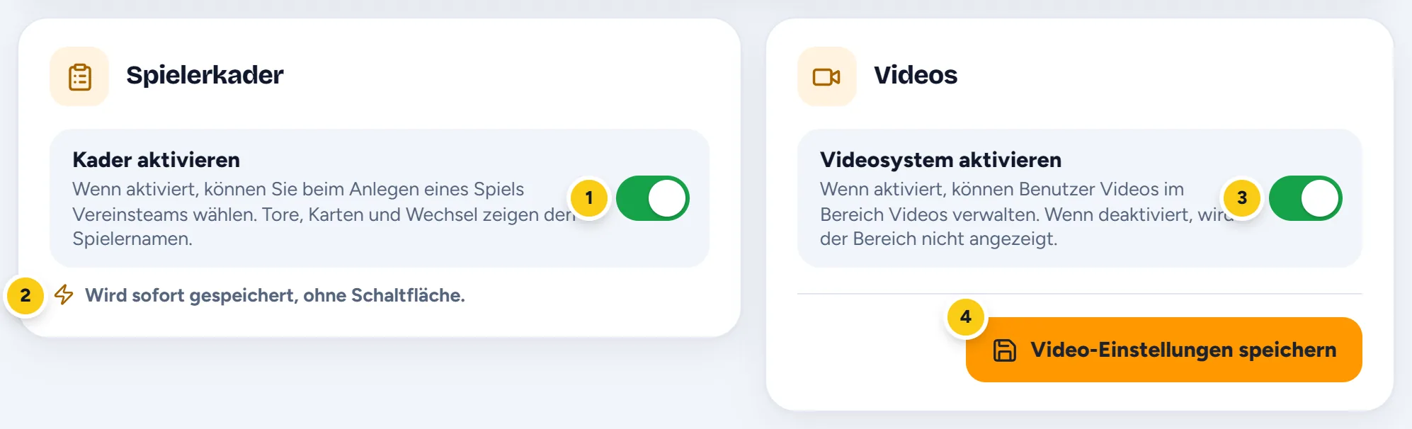 Die Schalter Kader aktivieren und Videosystem aktivieren