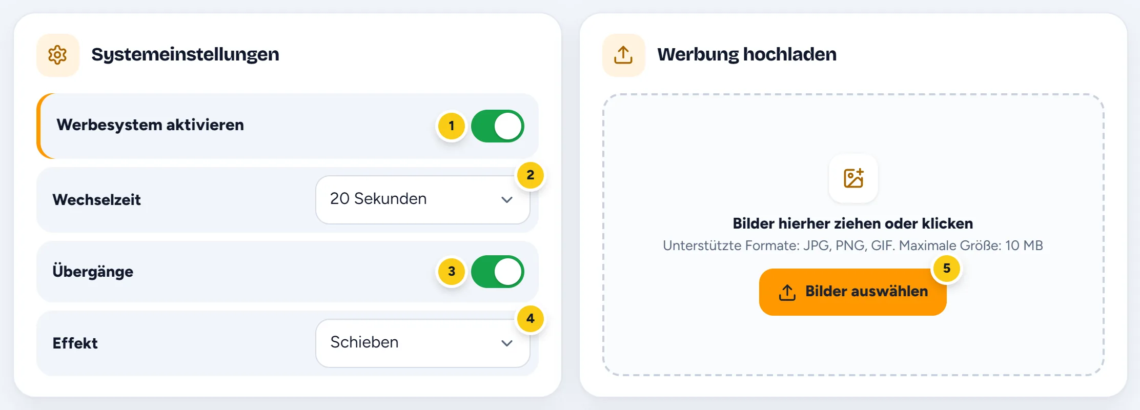 Die Systemeinstellungen der Werbung und der Bereich Werbung hochladen