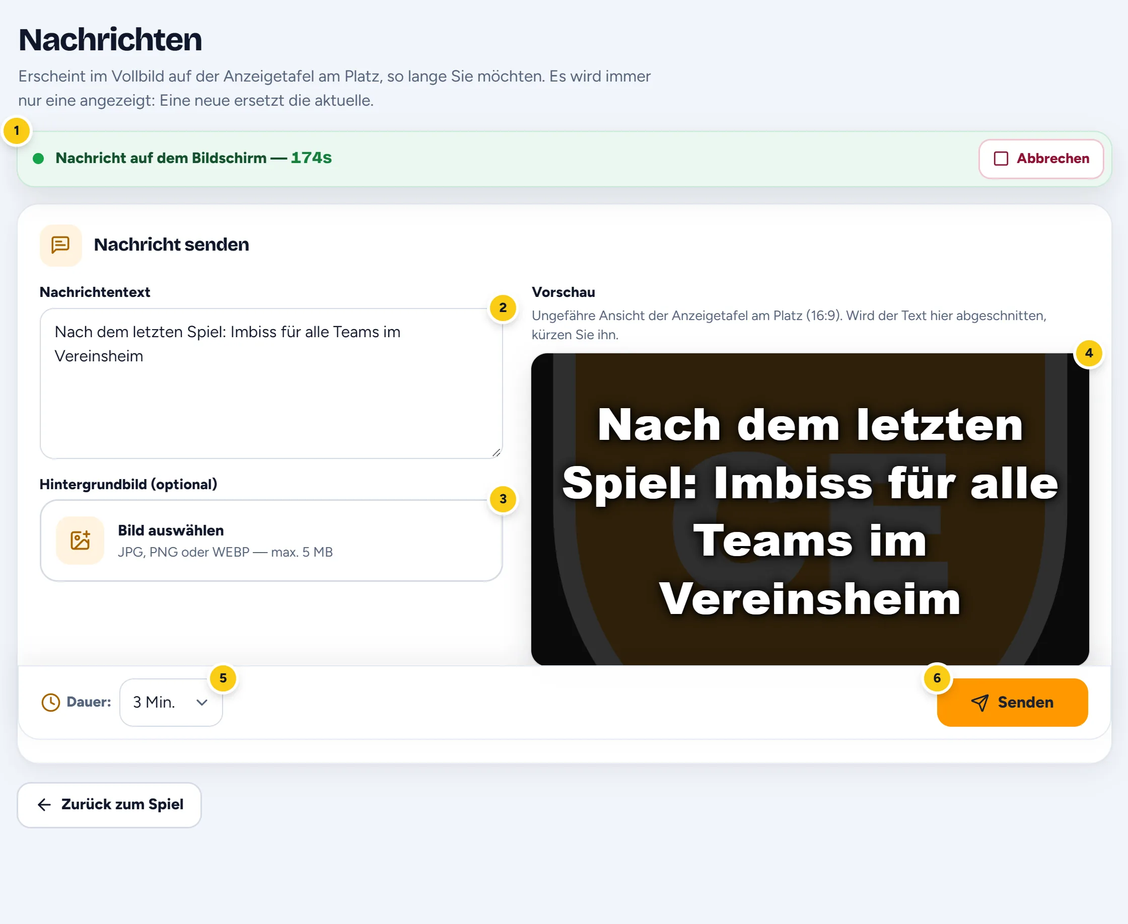 Der Bildschirm Nachrichten mit einer Nachricht auf der Anzeige, Text, Bild, Vorschau, Dauer und Senden