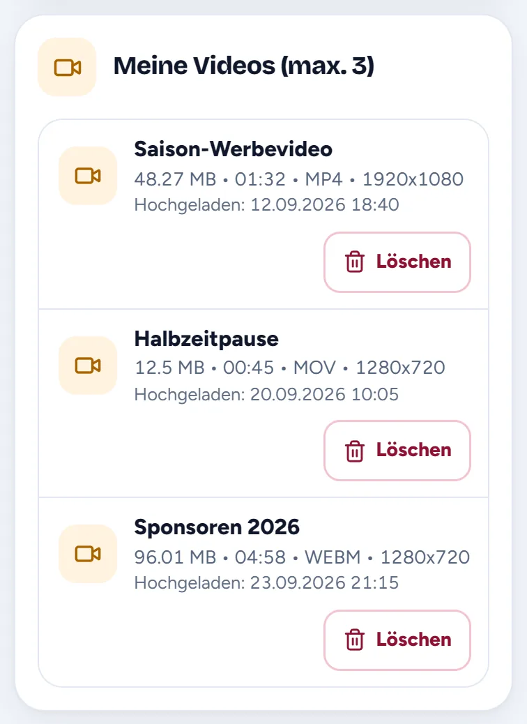 Die Liste Meine Videos mit drei Videos und ihrer Schaltfläche Löschen