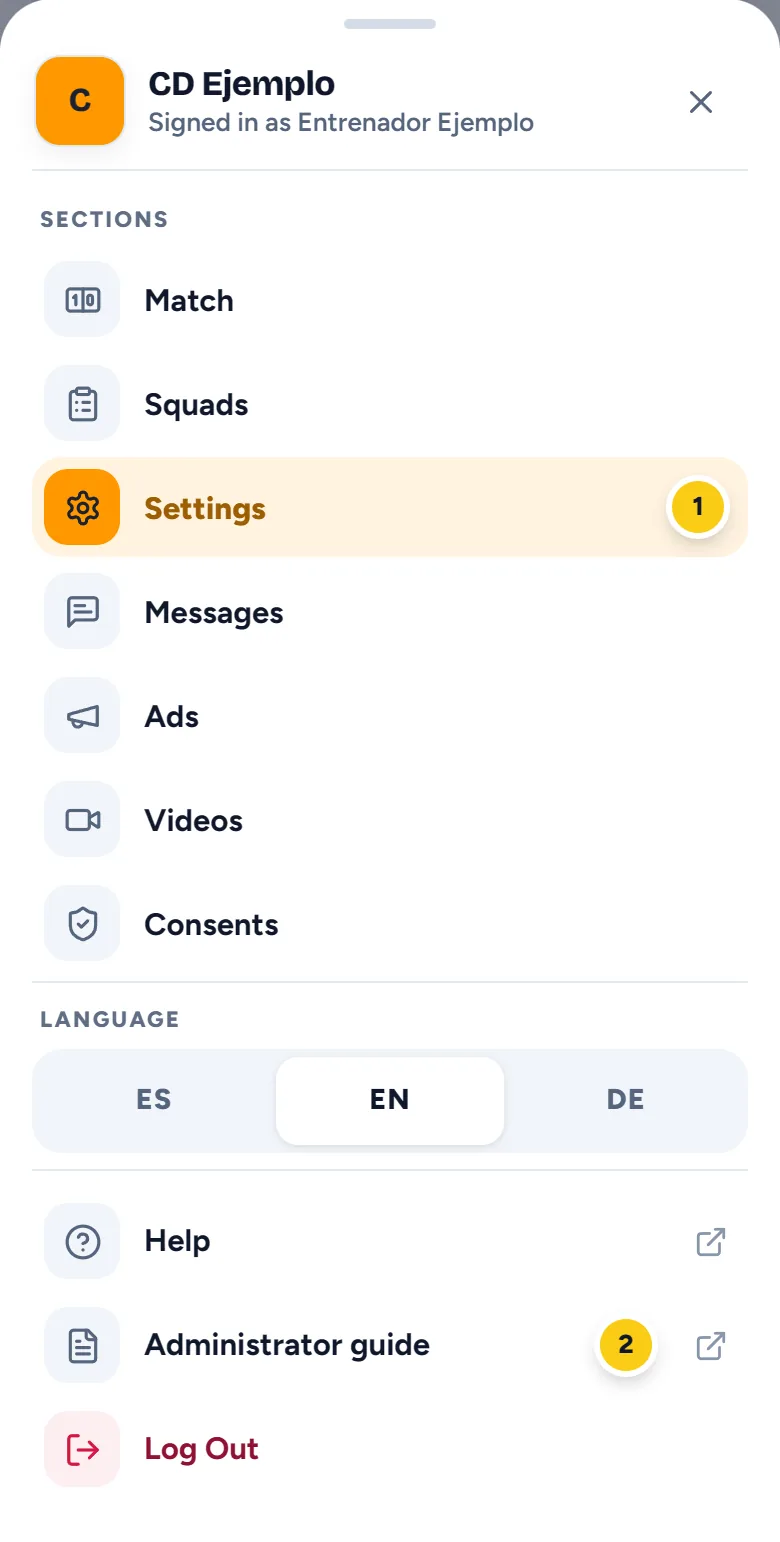The app menu with its sections, the language, Help and the Administrator guide