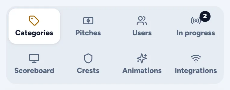 The Settings tabs on a phone, in a two-row grid