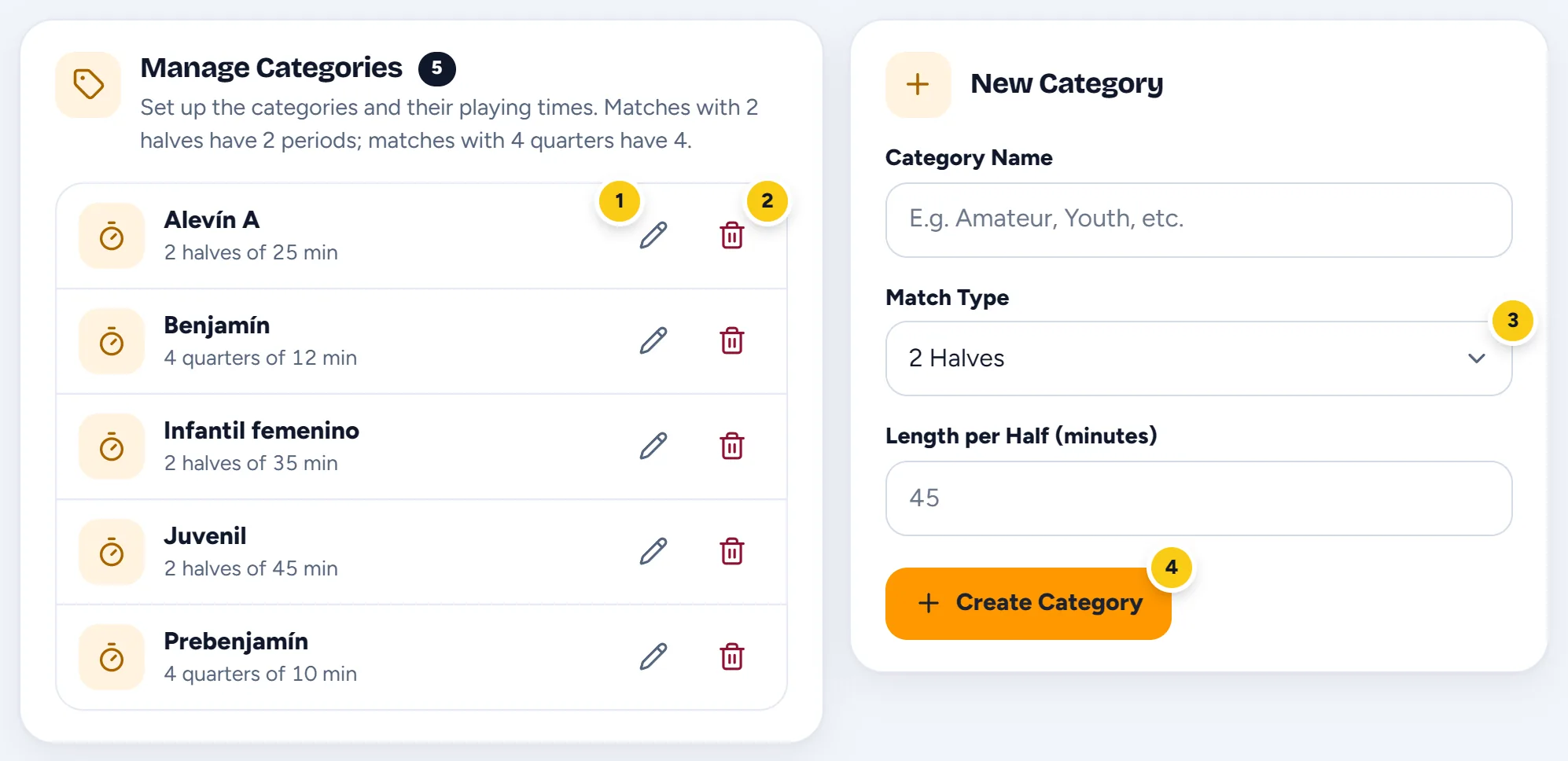 The Categories tab: the list of categories and the New Category form