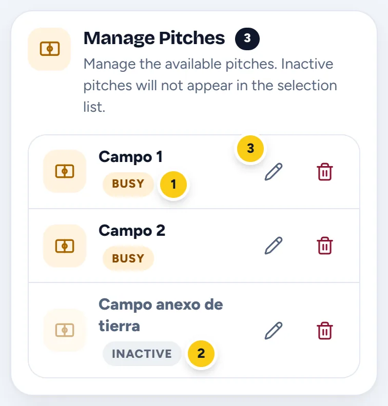 The list of pitches: two busy and one inactive