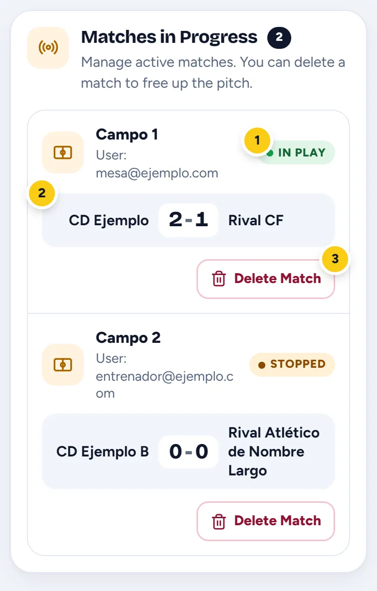 Two matches in progress, one in play and one stopped, each with its Delete Match button