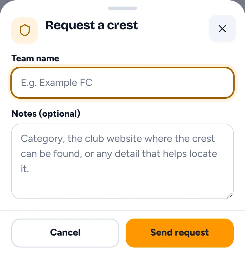 The Request a crest window, with the team name and notes