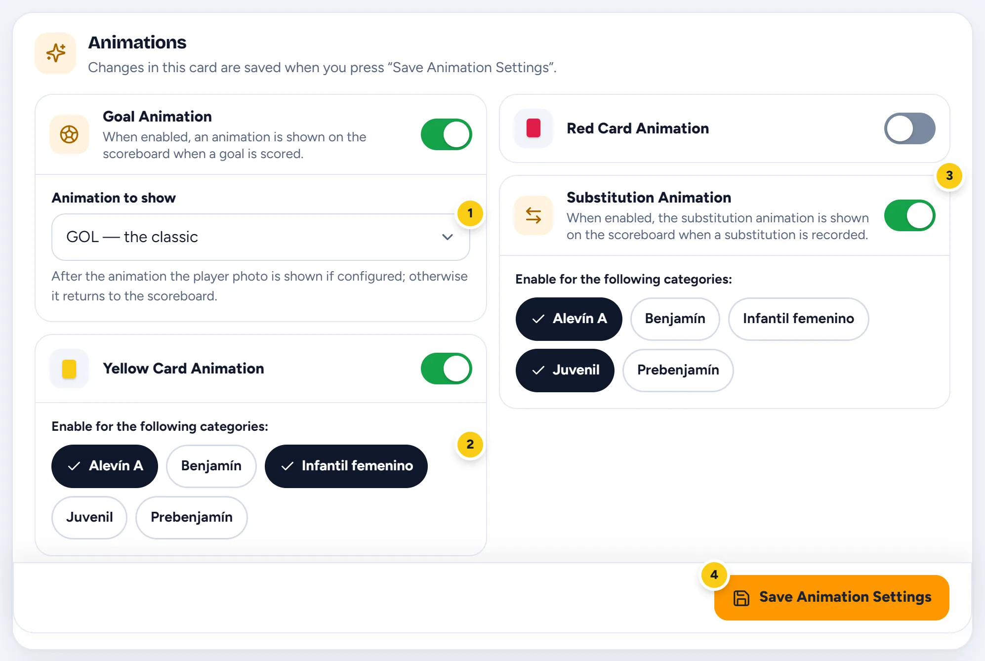 The animations card: goal, cards and substitution, with the categories ticked