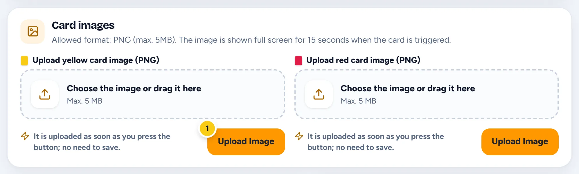 The areas for uploading the yellow card and red card images
