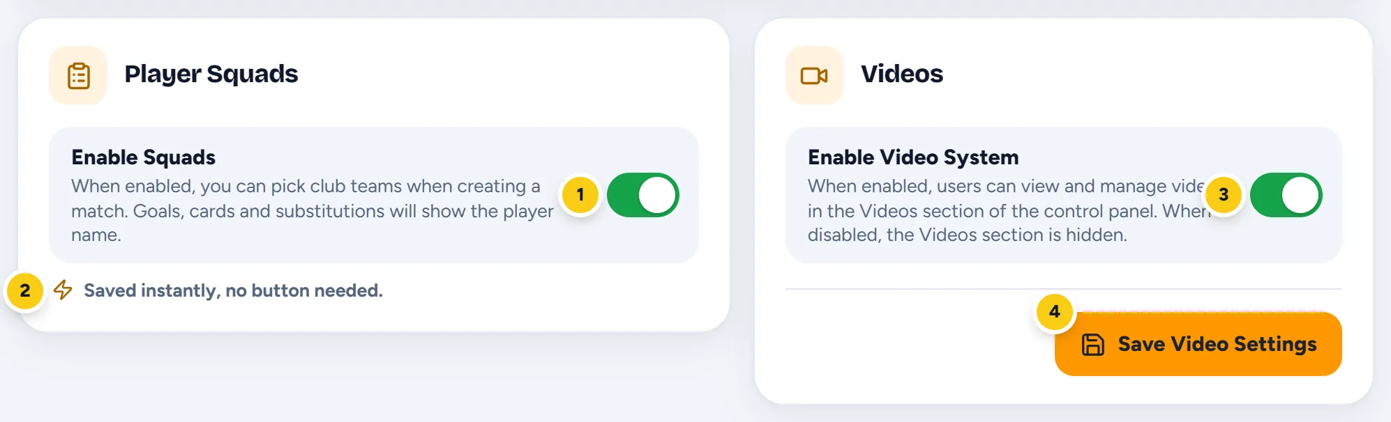 The Enable Squads and Enable Video System switches