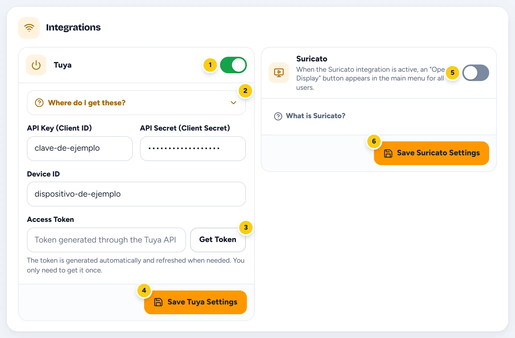 The Integrations tab with Tuya and Suricato