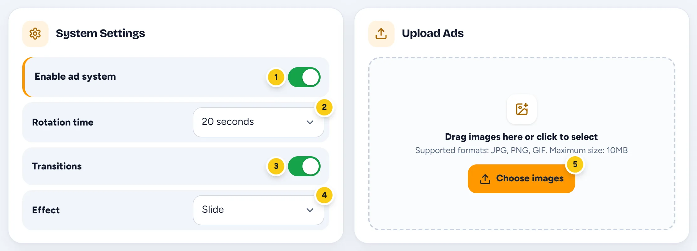 The ads System Settings and the Upload Ads area