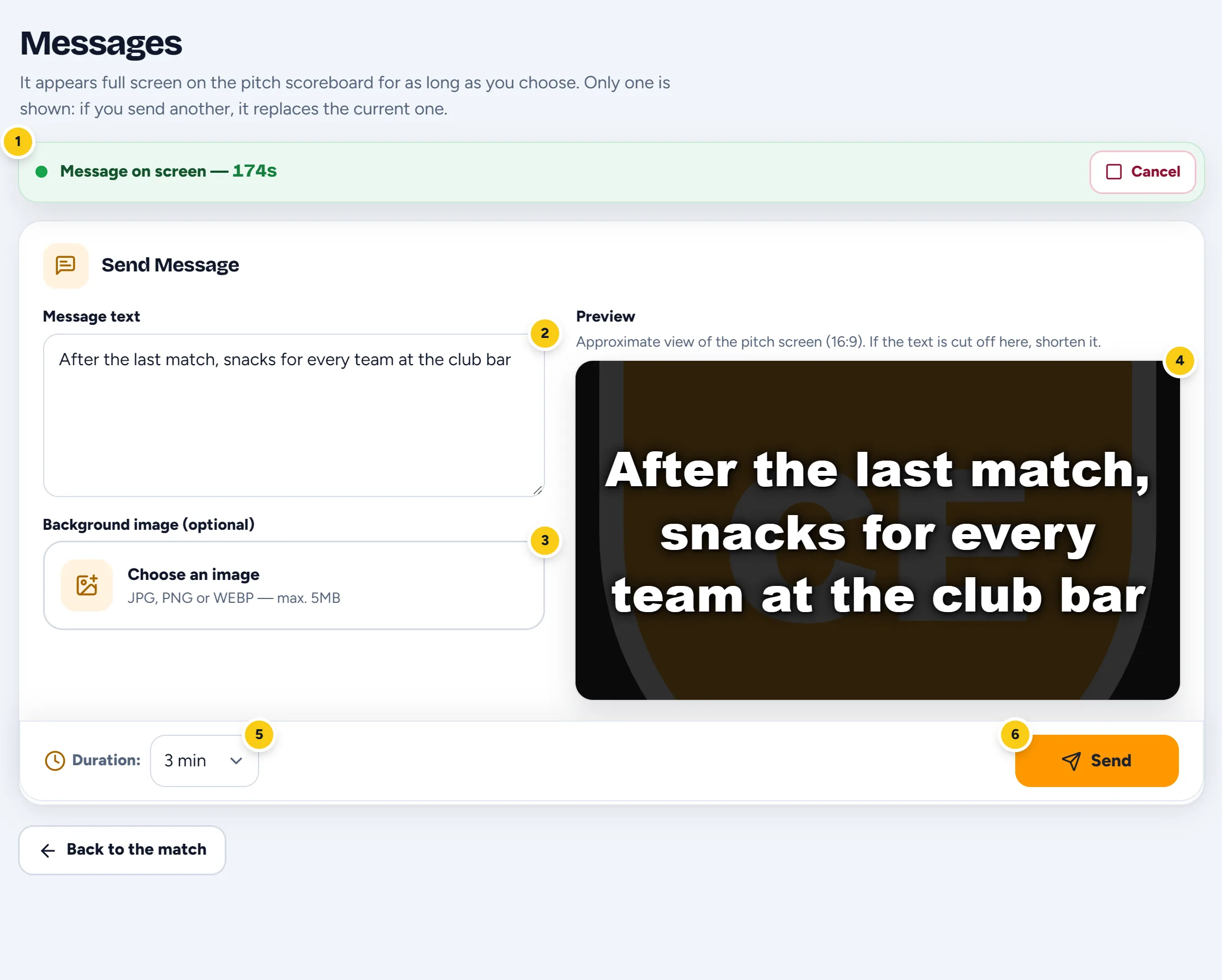 The Messages screen with a message on screen, the text, the image, the preview, the duration and Send