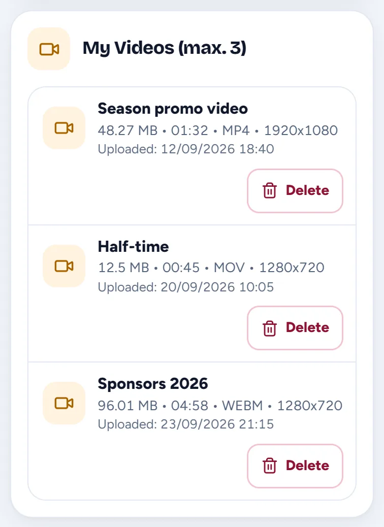 The My Videos list with three videos and their Delete button