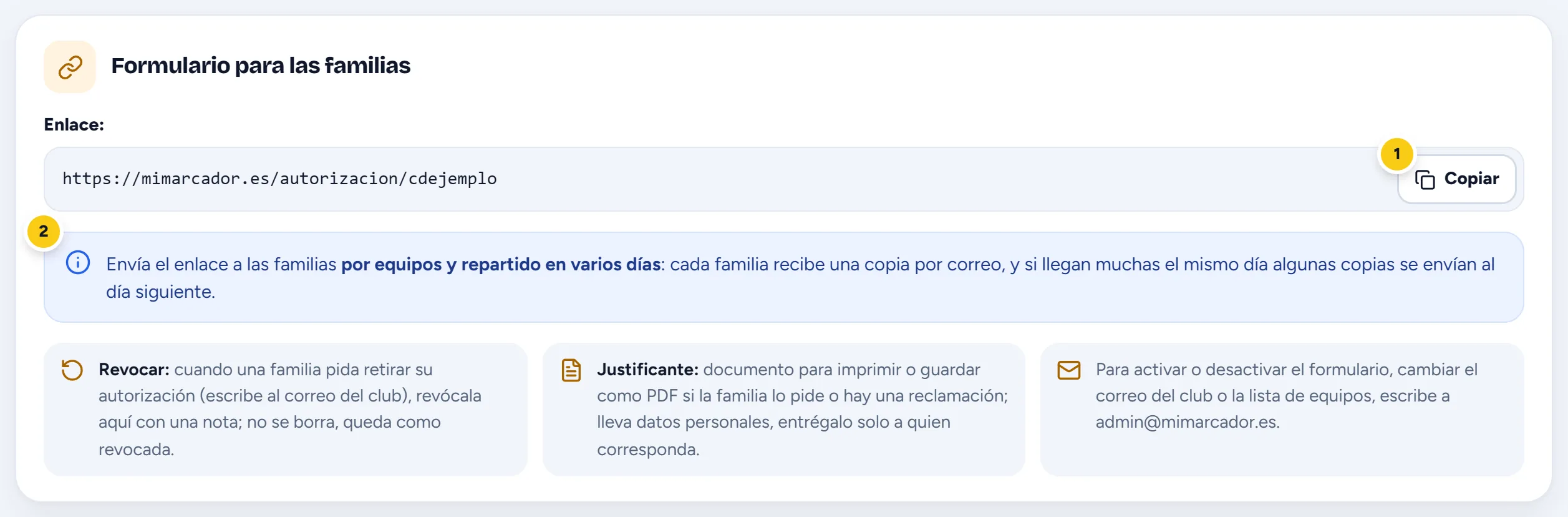 Die Karte Formulario para las familias, mit dem Link und der Schaltfläche Copiar